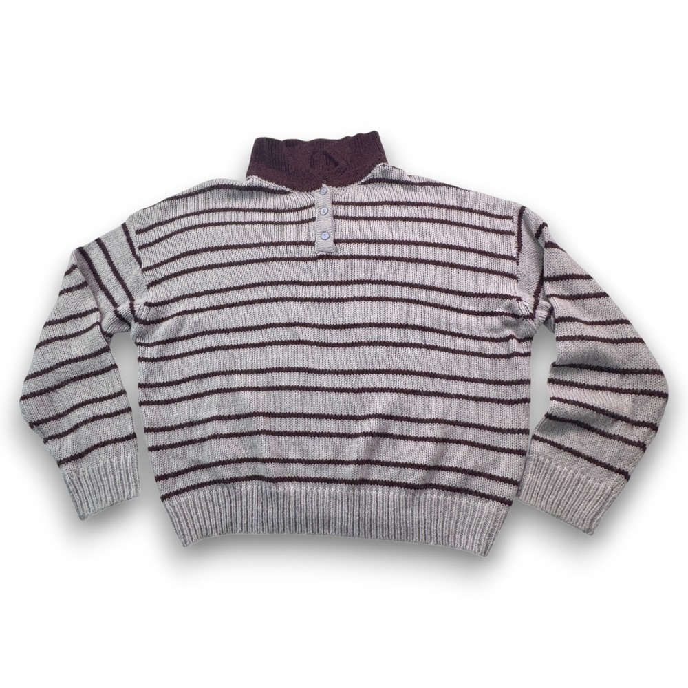 Lioness Striped Quarter Button Mock Neck Wool Blend Sweater Women Burgundy ML